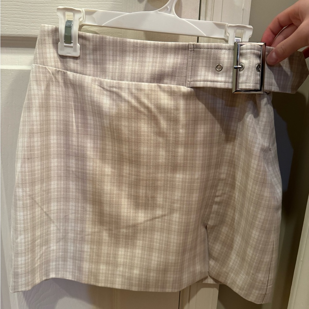 Belted Beige Plaid Mini Skirt